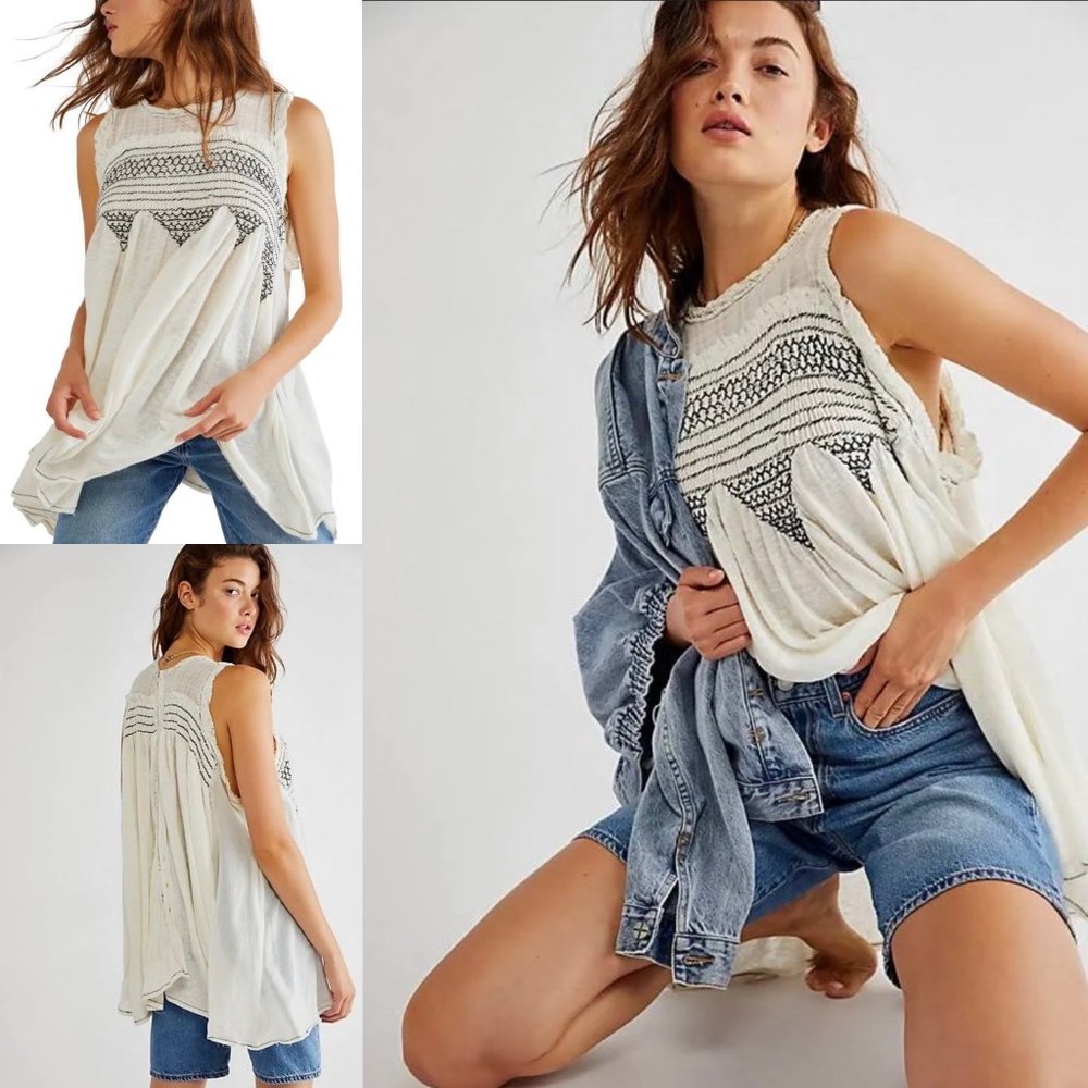Free People Seabreeze Tunic Ivory/ Combo Top Small
